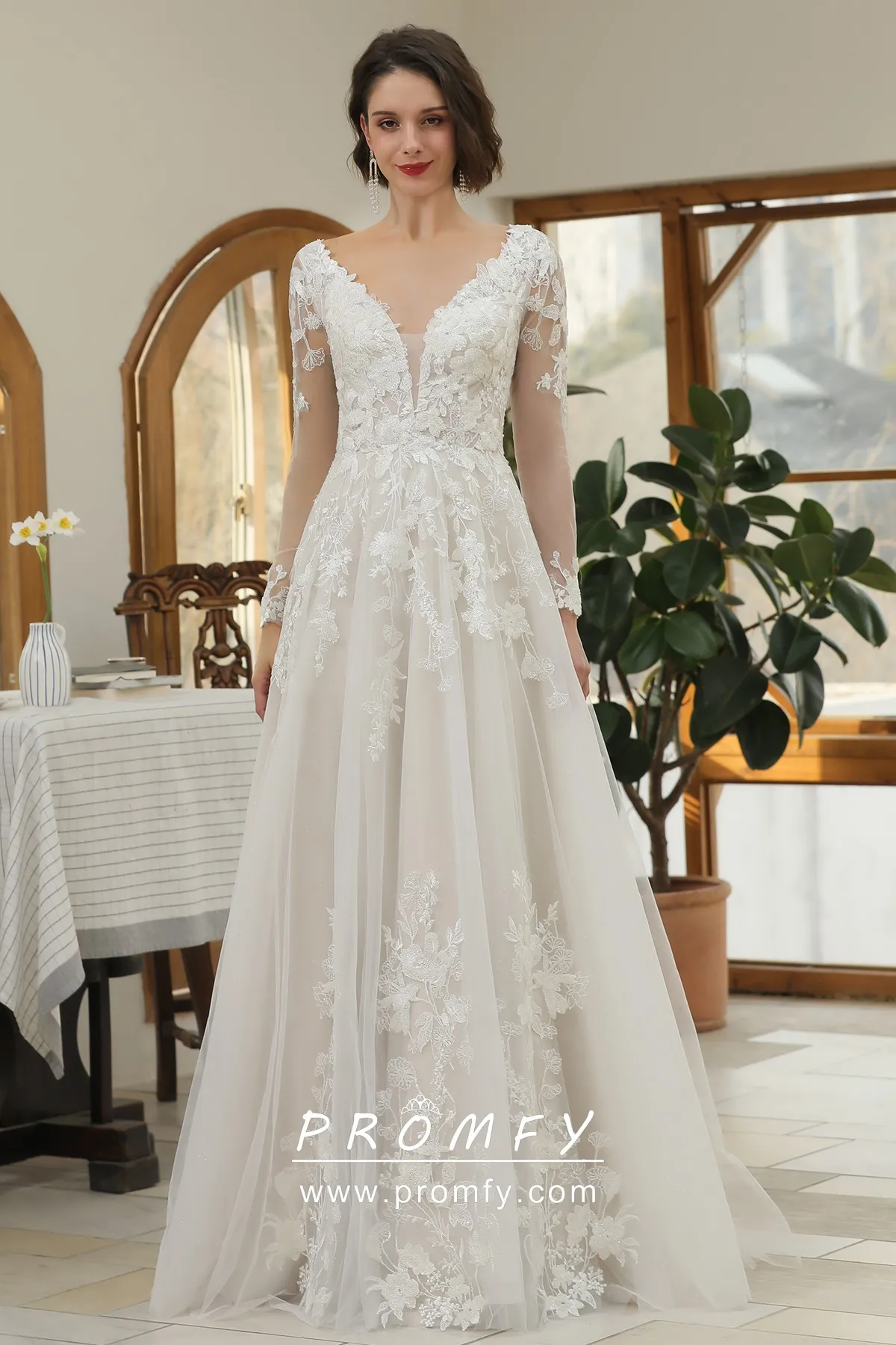 Floral Lace Ballgown Wedding Dress with Plunging V-Neckline - Essense of  Australia Wedding Dresses