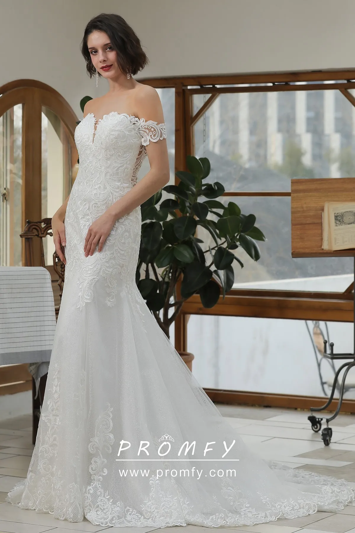 Romantic Off shoulder Lace Tulle Mermaid Wedding Dress Promfy