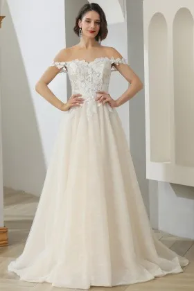 off the shoulder floral lace champagne tulle bridal gown