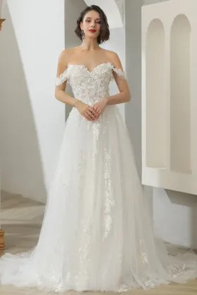 romantic off shoulder a line floral lace wedding dress