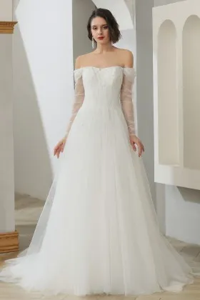off shoulder long sleeve beaded tulle spring bridal gown