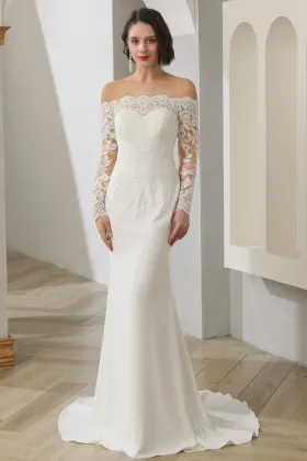 elegant scalloped lace satin long sleeves bridal dress