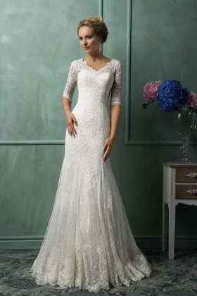 Vintage inspired scalloped lace half sleeve drop waist mermaid wedding dress