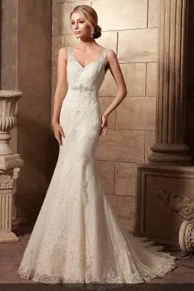Modern mermaid beaded lace appliqued wedding dress with chapel train