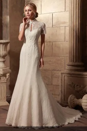 Short Sleeve High Neckline Sequin Lace Wedding Dress With High Slit