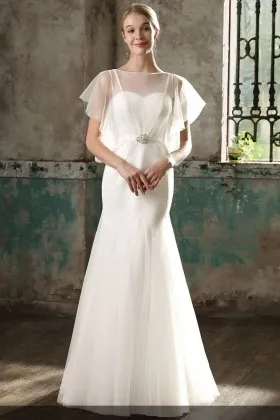 Cute sheer chiffon flutter sleeve ivory satin mermaid long wedding dress