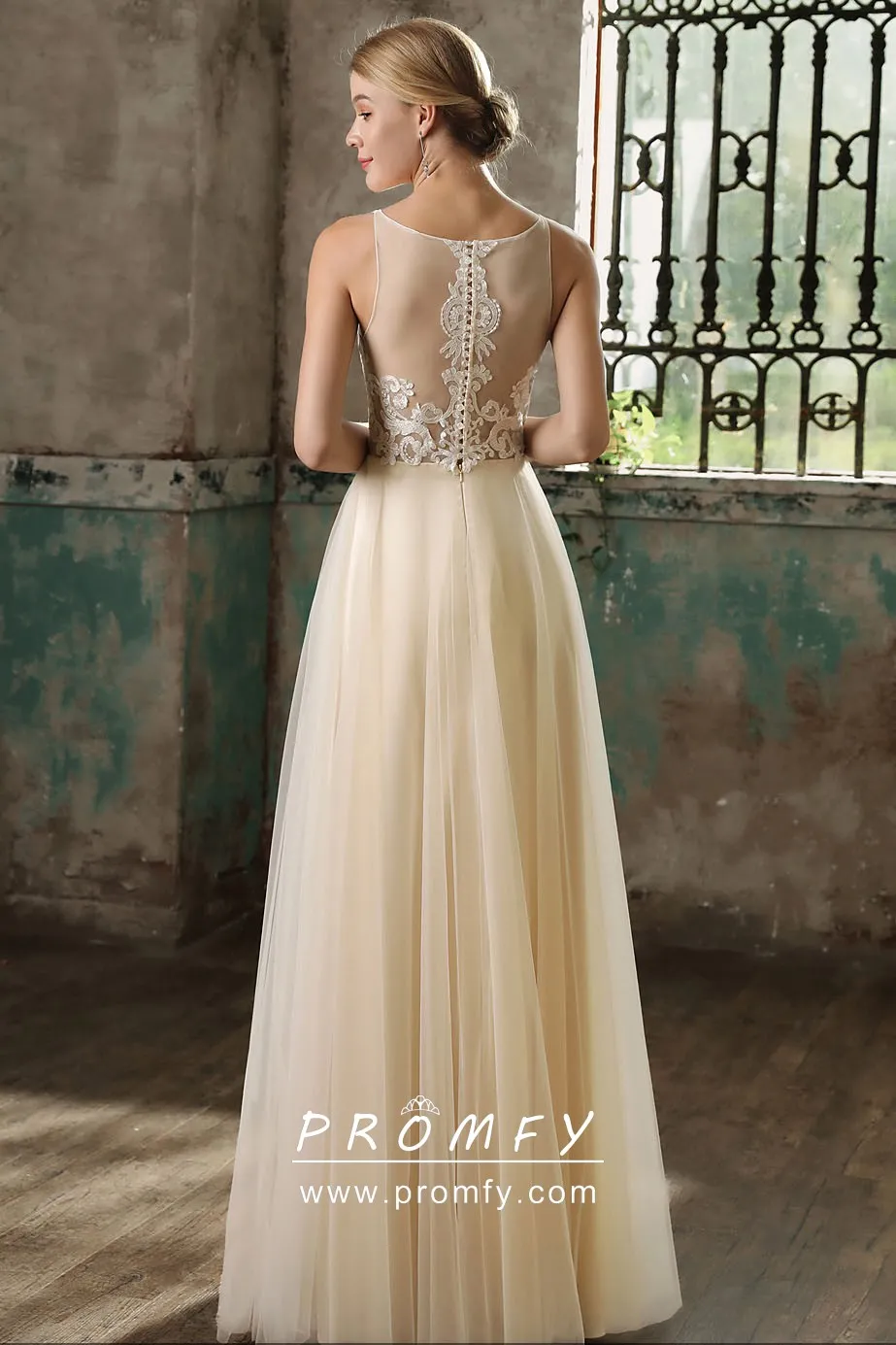 Light Champagne Lace & Chiffon Boho Wedding Dress Promfy