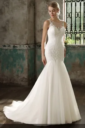 Classic white lace satin and tulle mermaid wedding gown illusion sweetheart neckline