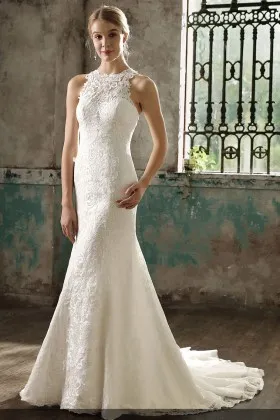 Classic ivory lace sleeveless illusion neckline mermaid wedding dress