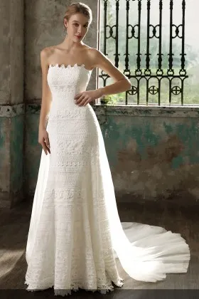 strapless Boho style ivory lace with chiffon wrap two piece wedding dress