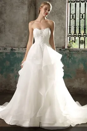 White lace and with ruffle organza strapless modern wedding gown