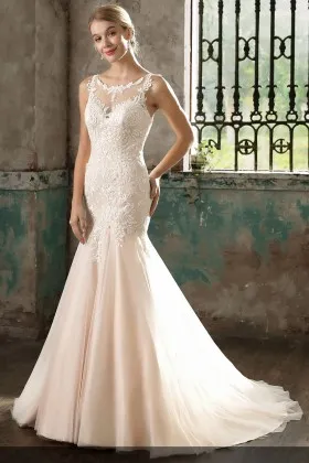 Modern timeless champagne lace and tulle mermaid wedding dress
