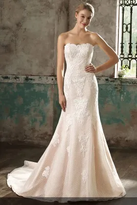 lace appliqued grid mesh overlaid champagne modern wedding dress