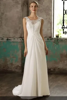 Pearl embellished illusion lace jewel neck ivory chiffon draped wedding dress