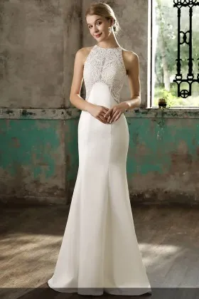 Unique ivory lace and satin sleeveless mermaid long wedding dress