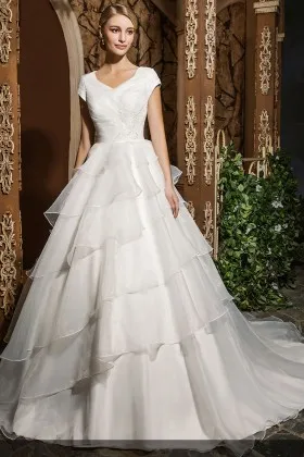 Asymmetrical tiered ruffle organza ball gown wedding dress with cap sleeves