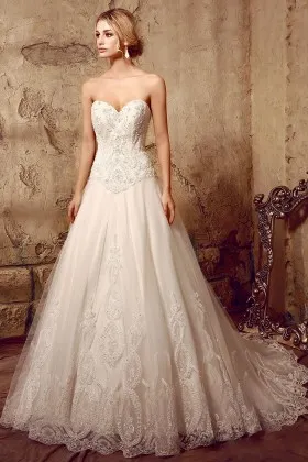 strapless sweetheart beaded lace appliqued puffy wedding dress