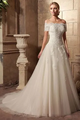 scalloped lace short sleeve ball gown wedding dress