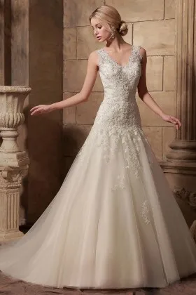 sleeveless V neck lace appliqued drop waist wedding gown