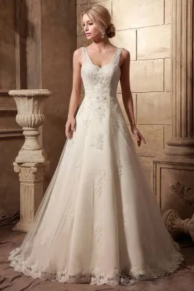 V neck sweetheart lace tulle satin wedding ballgown