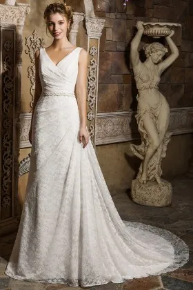 V Neck Side Draped Ivory Lace vintage Wedding Dress