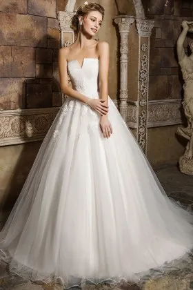 strapless V cut satin tulle ball gown wedding dress