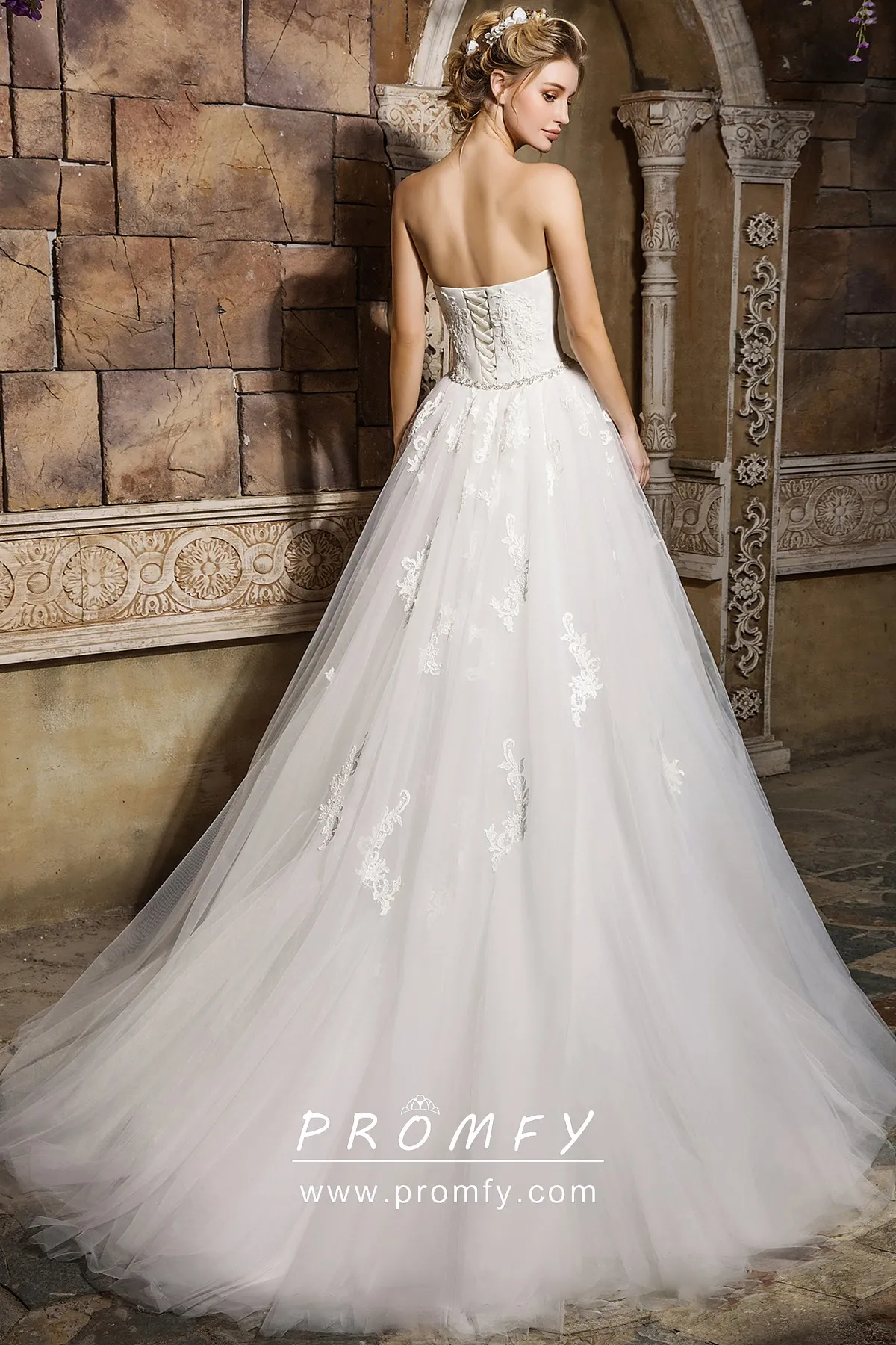 Detachable Overskirt Lace Tulle Satin Wedding Dress - Promfy