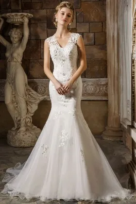 V neck lace tulle satin mermaid designer wedding dress