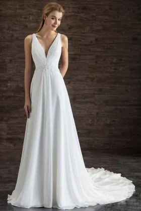 long chiffon a line wedding dress with cathedral train