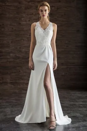 Sexy Lace and Chiffon Split Long Wedding Dress