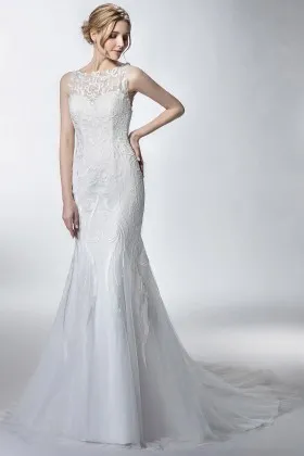 elegant boat neck lace and tulle long mermaid wedding dress
