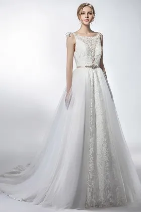 unique tulle overskirt ivory lace long wedding gown