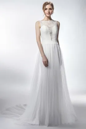 flowy white lace tulle long simple wedding dress