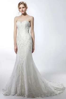abstract lace and tulle long mermaid wedding dress