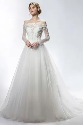 scalloped off the shoulder long sleeve bridal ball gown