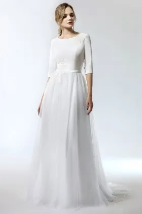 half sleeve jewel neck satin tulle wedding dress