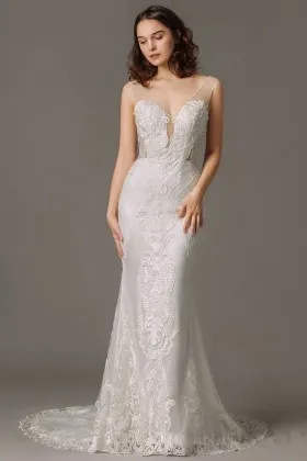 modern illusion abstract lace modern mermaid satin wedding gown