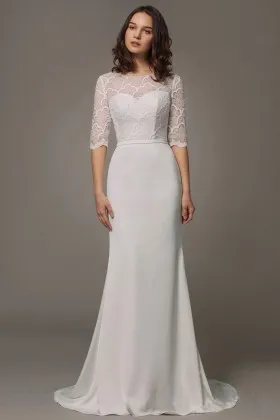 Modern lace and spandex half sleeve mermaid sweep train wedding dress