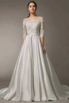 Modern lace and satin illusion half sleeve puffy cathedral train wedding dress