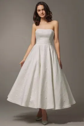 Simple strapless tea length puffy wedding dress with pockets