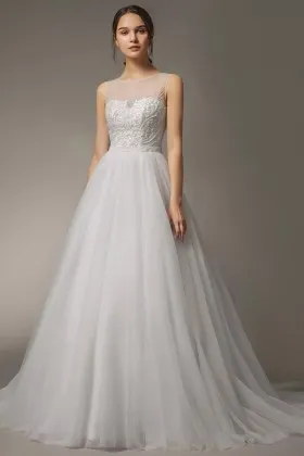 Classic lace with tulle illusion neckline floor length wedding dress