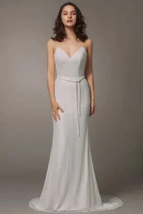 Unique mermaid long wedding dress with lace mesh overlay and spaghetti straps