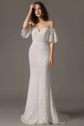 Feminine off the shoulder sweetheart short sleeve romantic lace wedding dress