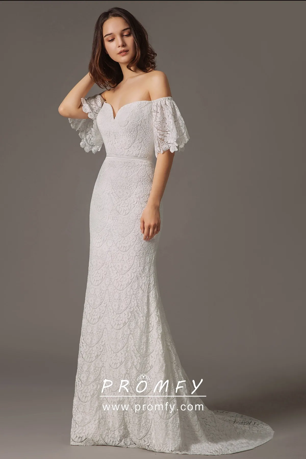 Off the Shoulder Short Sleeve Lace Ball Gown Wedding Dress – Okdresses