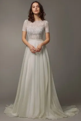See through lace top with chiffon modern A line floor length wedding dress