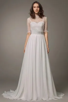 Satin and chiffon wedding dress with half sleeve tulle top overlay