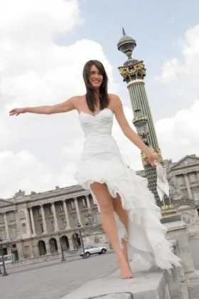strapless V neck asymmetrical high low whimsical bridal gown
