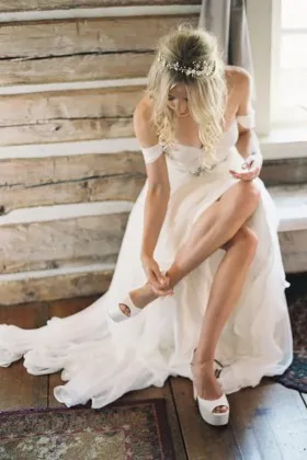 Ethereal ivory chiffon off the shoulder straps A line long wedding dress