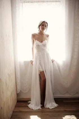 Ivory lace short backless bridal dress with sheer split long overskirt