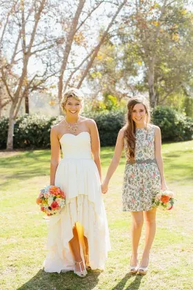 Ivory lace and satin strapless layered high low rustic bridal dress